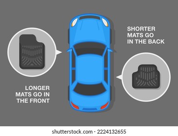 Top view of a blue sedan car and close-up floor carpet icons. Front and back car mats. Flat vector illustration template.