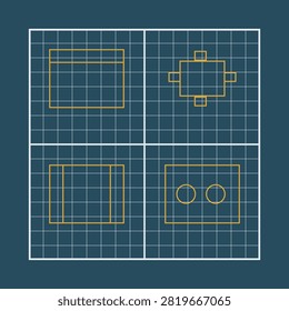 Top view blueprint floor plan with four room arrangement in ocean deep colors, geometric vector architectural drawing for property layouts.
