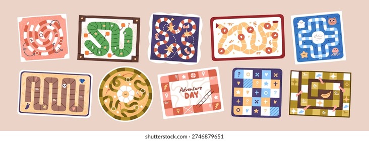 Top view of board games, maze race set. Step by step puzzles with path way, labyrinth and arrows. Boardgame, quest and strategy play with track. Flat vector illustration isolated on white background