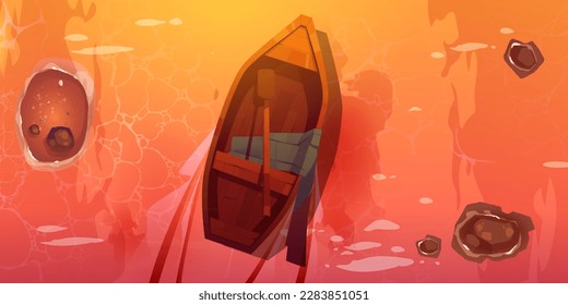 Top view boat in sea water sunset landscape cartoon illustration. Wooden dinghy with paddle floating in river nautical vector background. Fantasy adventure topview lake banner layout