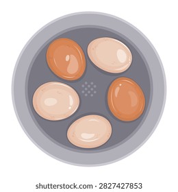 Top view of boiled eggs with white and brown shells arranged on simple round plate. Fresh cooked eggs in contrasting light and dark natural shell colors, presented as healthy and nutritious breakfast ingredient. Clean food illustration with soft colors, smooth shapes, subtle highlights, and an appealing culinary aesthetic. Ideal for breakfast menus, recipe books, food packaging, restaurant materials, kitchen illustrations, grocery labels, stickers, posters, social media graphics, cooking blogs, healthy eating content, and printable designs. Versatile vector illustration suitable for food, nutrition, cooking, and everyday breakfast themes.