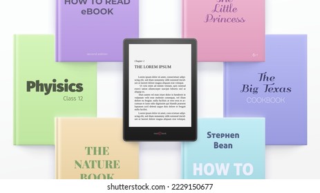 Top view books lie on a light background, e-book at the top. Front side of the books vector illustration.