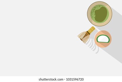 Top view of a bowl of matcha green tea with some bubble in bowl, tea whisk (chasen) and fresh green tea cream roll with long shadow and a copy space for text in for wallpaper or poster or background