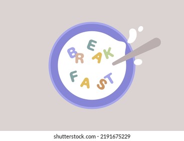 A top view of a bowl with milk and colorful cereals shaped as letters, a breakfast concept