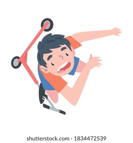 Top View of Boy Fell from Kick Scooter, Traumatic Accident, Health Risk, Pain, Injury Cartoon Style Vector Illustration