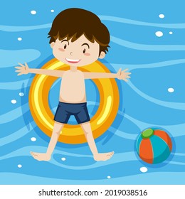 Top view of a boy laying on swimming ring on pool background illustration