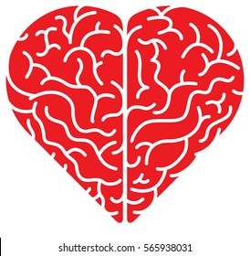 Top View Of A Brain In The Form Of A Red Cartoon Heart Showing Its Two Sides, Its Convolutions And The Complexity Of Its Anatomy. Flat Colors, Minimalist Design