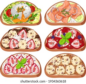 Top view of bread breakfast with topping isolated illustration