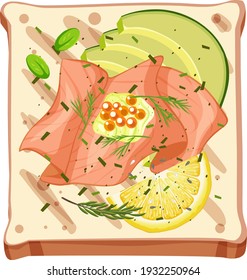 Draufsicht auf ein Brot mit geräuchertem Lachs