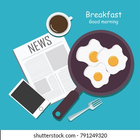 top view of Breakfast with Cup of Coffee , fried egg , news and smart-phone on table , flat design style background