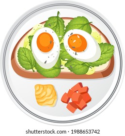 Top view of breakfast dish with bread and boiled egg topppings illustration