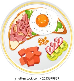 Top view of breakfast dish with bread and egg topppings illustration