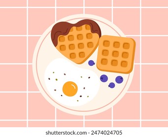 Vista superior de la comida de desayuno en platos. Comida casera saludable con huevo frito, gofres con chocolate y arándanos. Desayuno, hora del almuerzo. Sabroso plato de servir. Ilustración vectorial en estilo de dibujos animados