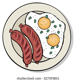 Top view of breakfast food plate, fried eggs and sausages, isolated on white, vector illustration