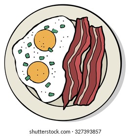 Top view of breakfast food plate, fried eggs and bacon, isolated on white, vector illustration