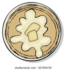 Top view of breakfast food plate, pancakes with butter, isolated on white, vector illustration