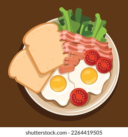 Top View Breakfast with Fried Egg, Bread, Bacon, Sausage, Tomato and Lettuce Salad | Traditional British Morning Meal