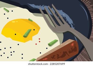vistas al desayuno con huevos fritos y cebollas verdes, así como pan, sobre la mesa, fondo de diseño plano