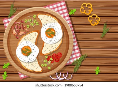 Top view of breakfast meal with bread and fried eggs on top illustration