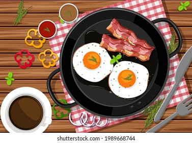 Top view of breakfast meal with fried eggs and bacon in a pan on the table background illustration