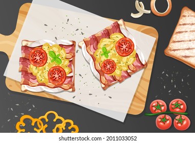 Vista superior de la comida del desayuno con huevos revueltos y tocino ilustrativo