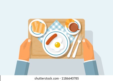 Top view of breakfast on wooden tray. Appetizing delicious breakfast coffee, fried egg with sausage, croissant and slices toasted bread. Vector illustration flat design. Isolated on white background.