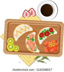 Top view of breakfast on wooden tray illustration