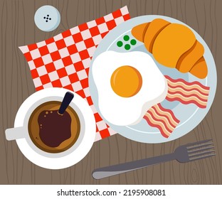 Top View Of Breakfast With Scrambled Eggs And Becon Vector Illustration In Flat Style