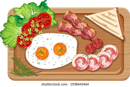 Top view of breakfast set in a cutting board isolated illustration