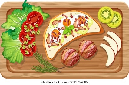 Top view of breakfast set in a cutting board isolated illustration