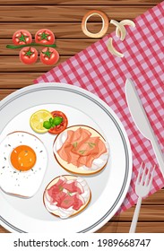 Top view of breakfast set in a dish on the table  illustration
