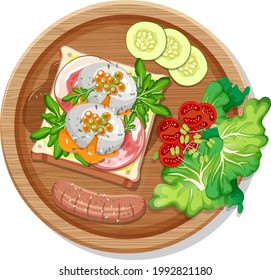 Vista superior del desayuno en un plato con ilustraciones aisladas al estilo de las caricaturas