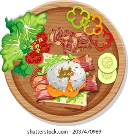 Top view of breakfast set in a dish in cartoon style isolated illustration
