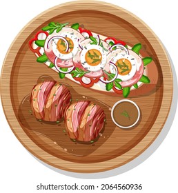 Vista superior del desayuno en un plato con ilustraciones aisladas al estilo de las caricaturas