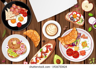 Top view of breakfast set on the table illustration