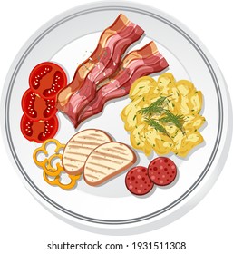 Top view of breakfast set on a dish isolated illustration