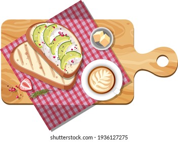 Top view of breakfast set on a cutting board isolated illustration
