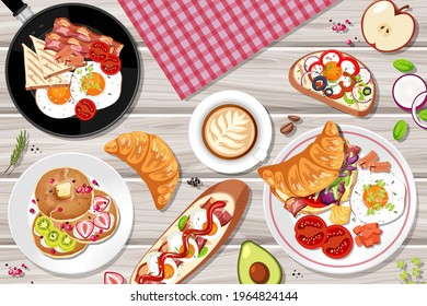 Top view of breakfast set on the table illustration