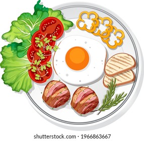 Top view of breakfast set on a dish isolated illustration