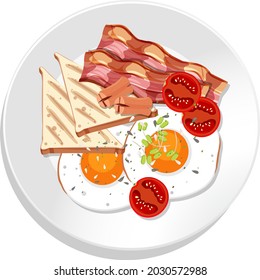 Top view of breakfast set on a dish isolated illustration