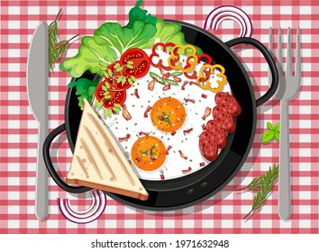 Top view of breakfast set in the pan illustration