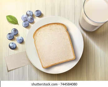 Top view of breakfast set, white toast with blueberries and grain milk on wooden table in 3d illustration