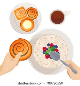 Top view of breakfast table isolated illustration on white