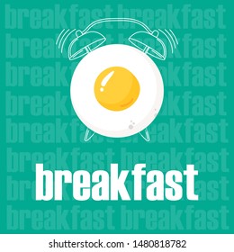 Top view of Breakfast time. Fried egg and outline alarm clock on seamless background with linear food icons. Vector design for breakfast menu, cafe, restaurant. Logo design template. Food background.