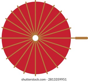 Top view of a bright red traditional asian paper umbrella with wooden ribs