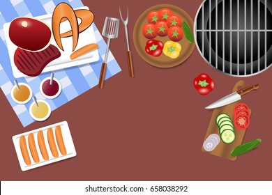 Top view of a brown desk with meat, fish, sausages, vegetables, sauces and accessories needed for grill. 