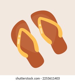 Top view of brown flip-flops vector illustration. Cartoon drawing of shoes for beach, summer element isolated on beige background. Summer, vacation or holiday, fashion concept