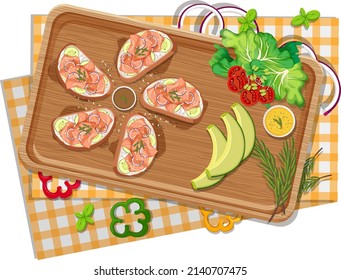 Top view of bruschetta on a wooden tray illustration