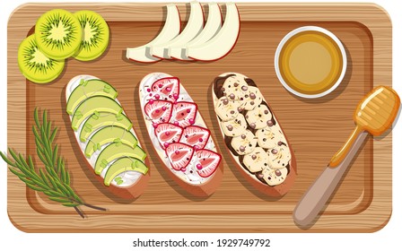 Top view of bruschetta set with fruit on a cutting board isolated illustration