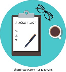 top view of bucket list clipboard, pen, glasses and a cup of coffee